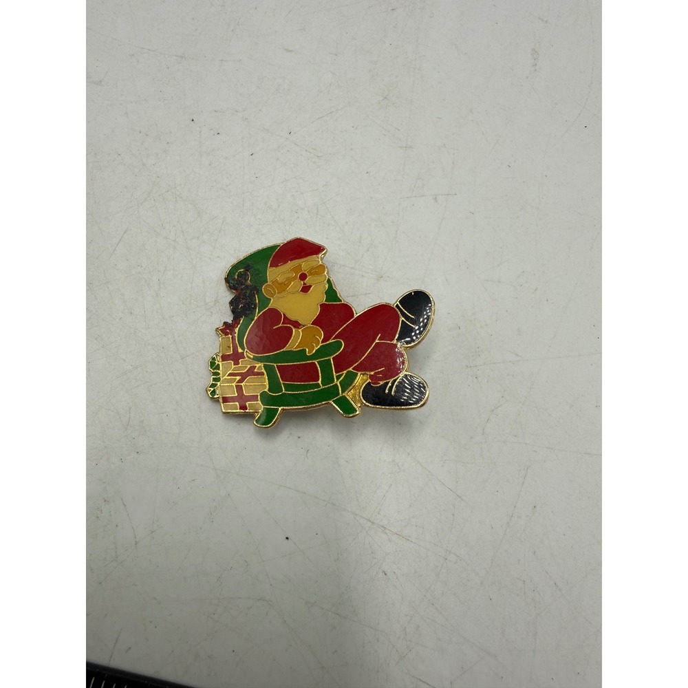 Vintage Santa Claus Relaxing in Chair Enamel Pin Christmas Holiday Gold Tone
